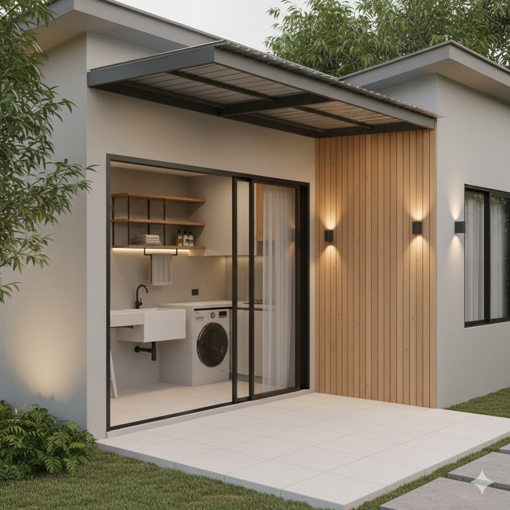 Area belakang rumah dengan konsep dapur dan laundry terintegrasi yang terlihat rapi, modern, dan fungsional dalam komposisi arsitektur yang seimbang