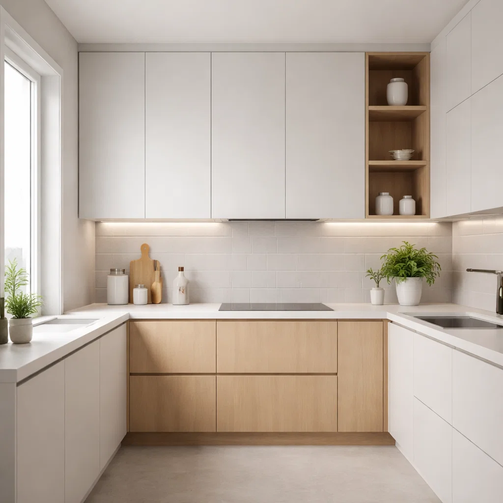 Cat abu-abu muda menghadirkan nuansa modern yang elegan tanpa membuat dapur terasa gelap—dipadukan dengan kabinet putih dan aksen kayu, hasilnya bersih, hangat, dan tetap timeless