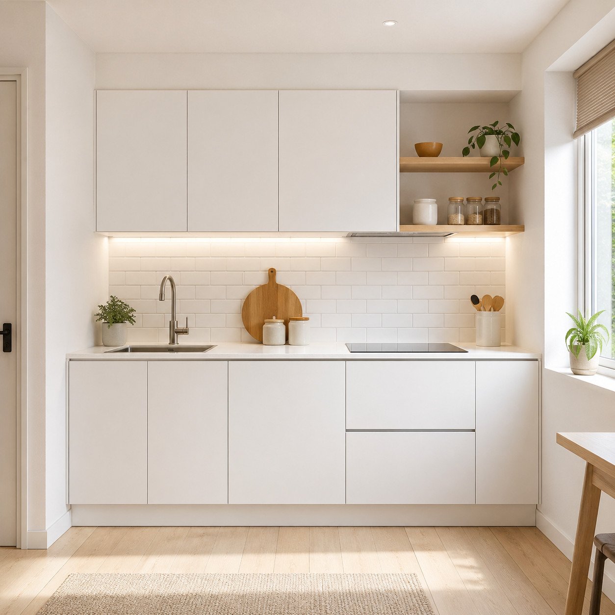 Contoh dapur minimalis Scandinavian dengan layout satu garis ini tampil bersih, terang, dan efisien—cocok untuk rumah kecil yang ingin tetap terasa luas dan nyaman