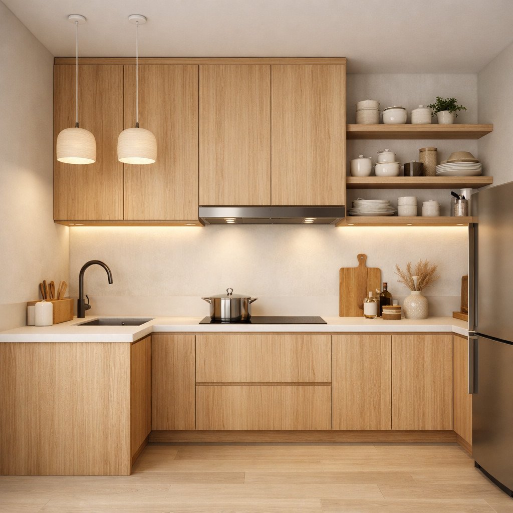 Dapur Japandi dengan kayu natural, tenang dan minimalis, penuh kenyamanan