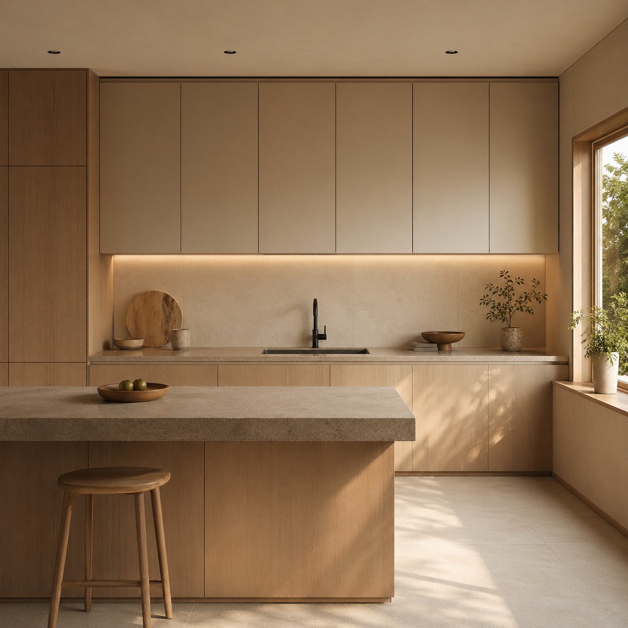 Dapur Japandi dengan nuansa beige dan kayu natural menghadirkan suasana tenang, rapi, dan elegan—pilihan ideal untuk rumah minimalis yang ingin terasa lebih dewasa dan nyaman tanpa terlihat ramai