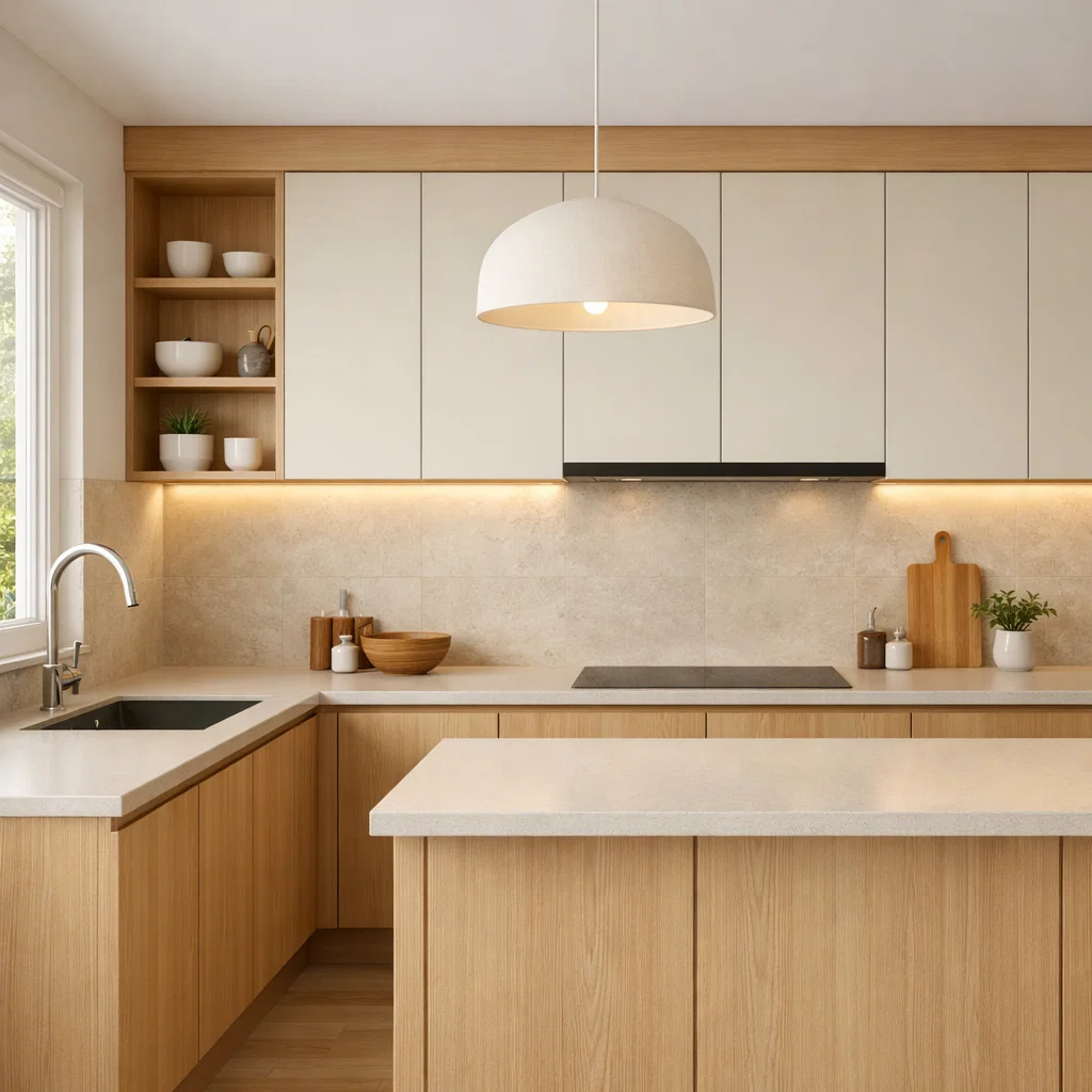 Dapur Japandi menghadirkan suasana hangat dan tenang dengan perpaduan kayu natural dan warna lembut, menciptakan ruang memasak yang sederhana, fungsional, dan tetap terasa estetik tanpa berlebihan