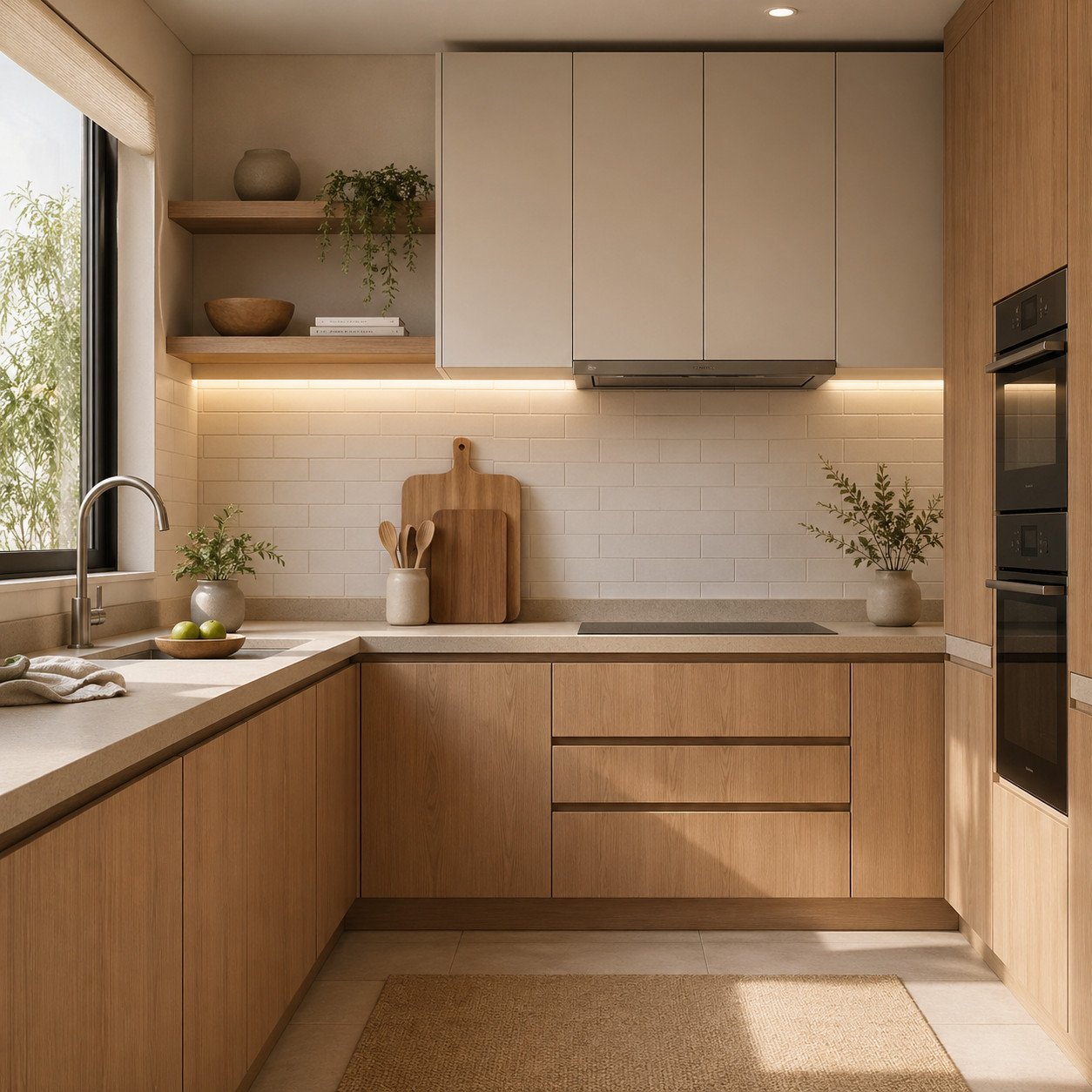 Dapur Japandi menghadirkan suasana hangat dan tenang melalui perpaduan kayu natural dan warna lembut, menciptakan ruang yang sederhana, rapi, dan nyaman untuk digunakan setiap hari
