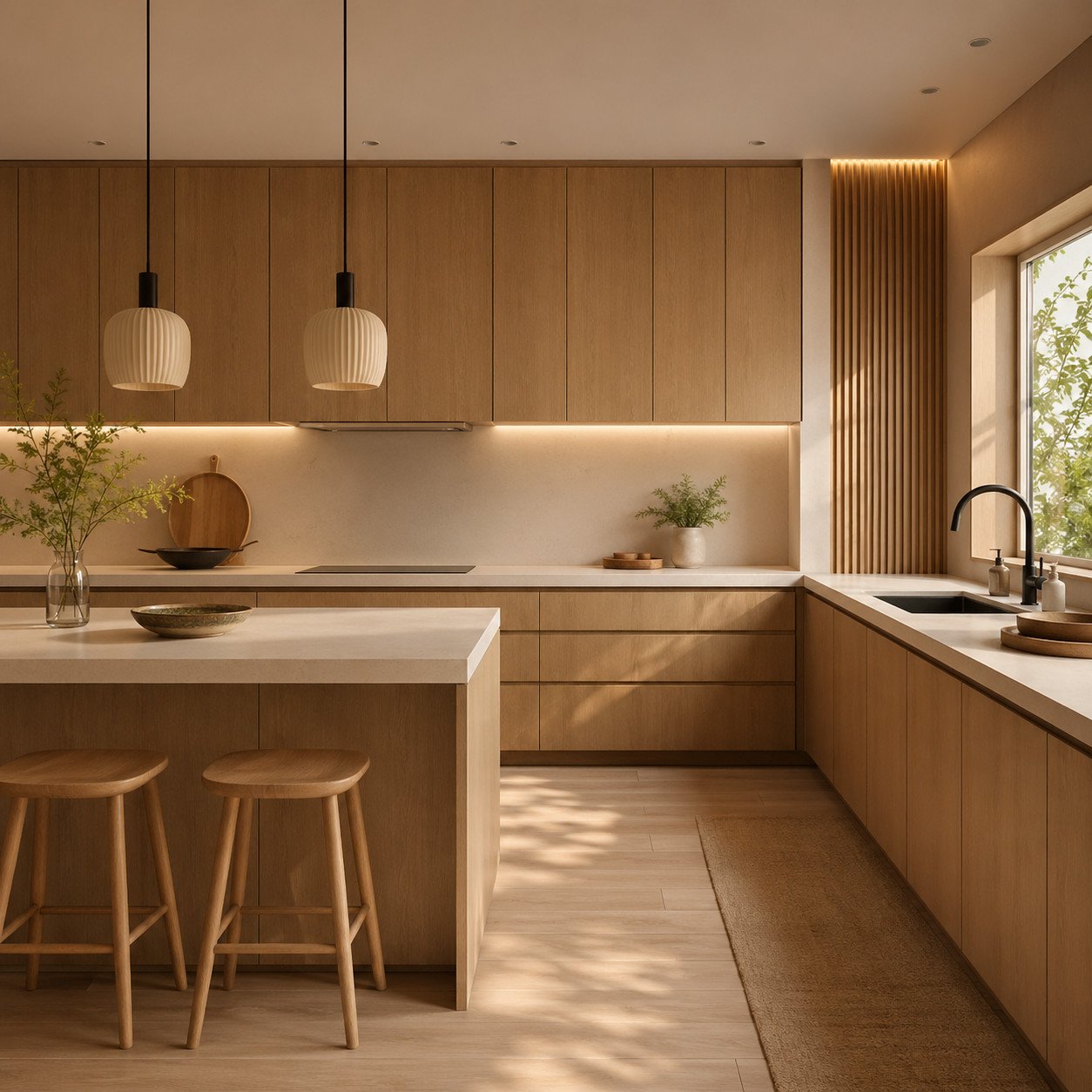 Dapur Japandi menghadirkan suasana tenang dengan perpaduan warna netral dan tekstur kayu alami—desain yang sederhana namun terasa hangat, rapi, dan nyaman untuk digunakan setiap hari