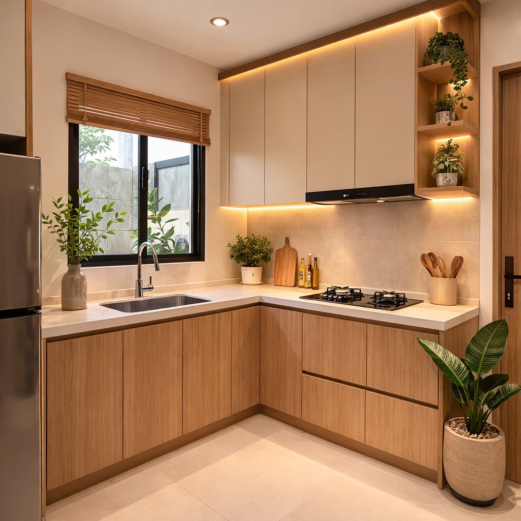 Dapur L kecil bergaya Japandi yang hangat dan tetap rapi