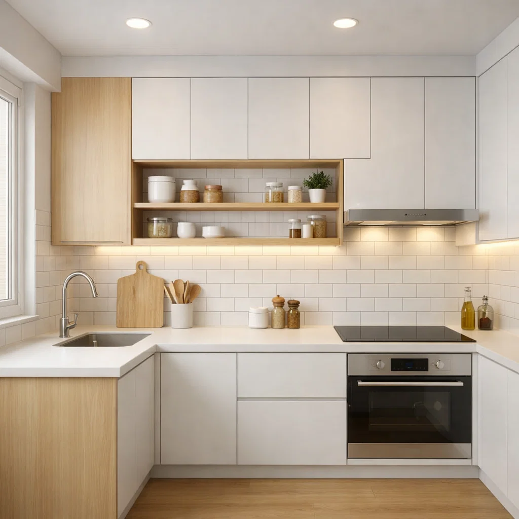 Dapur Scandinavian soft modern ini memadukan warna putih bersih dengan aksen kayu muda yang hangat, menciptakan ruang yang terang, ringan, dan terasa lebih luas—sempurna untuk dapur minimalis modern terbaru di rumah