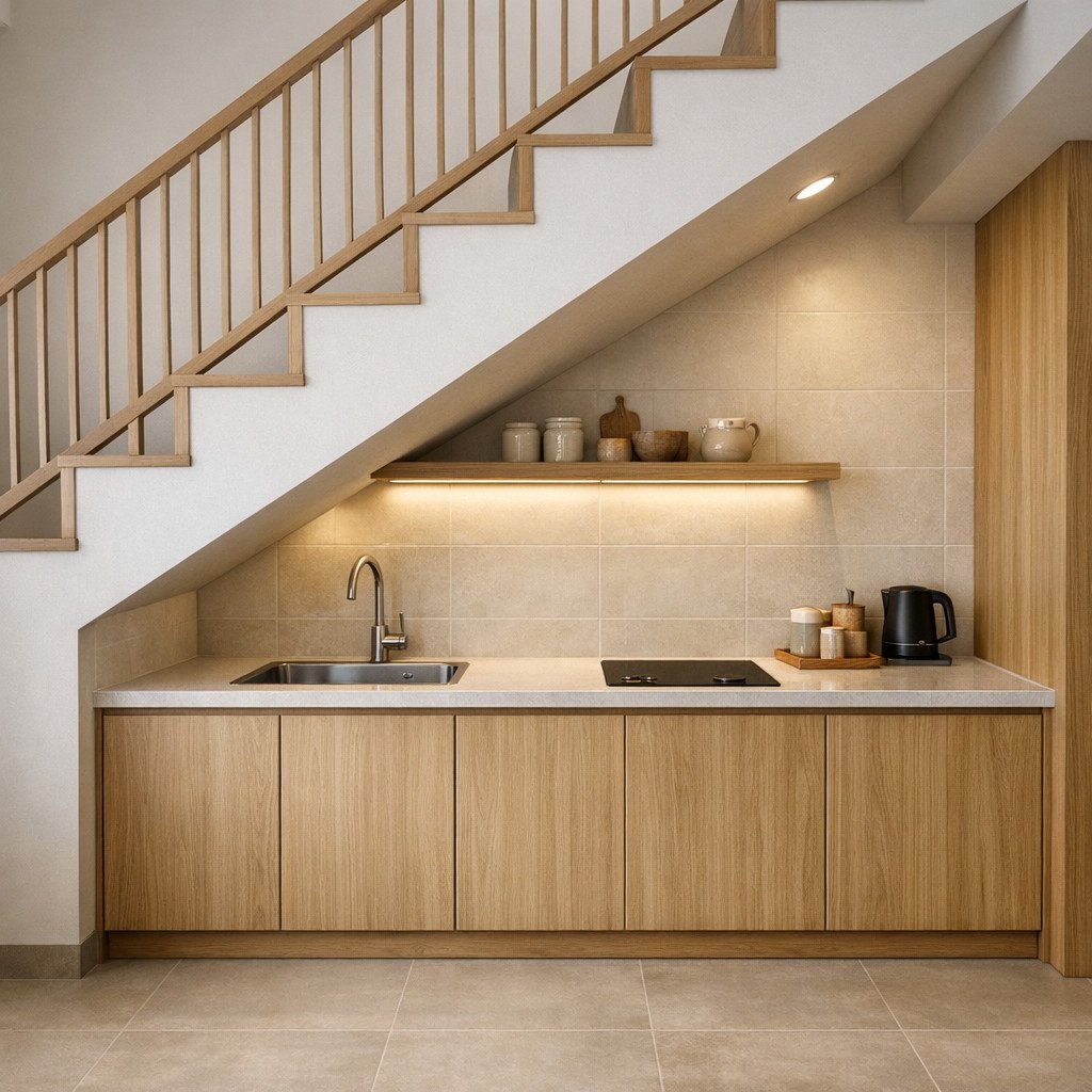 Dapur bawah tangga Japandi yang hangat, rapi, dan elegan