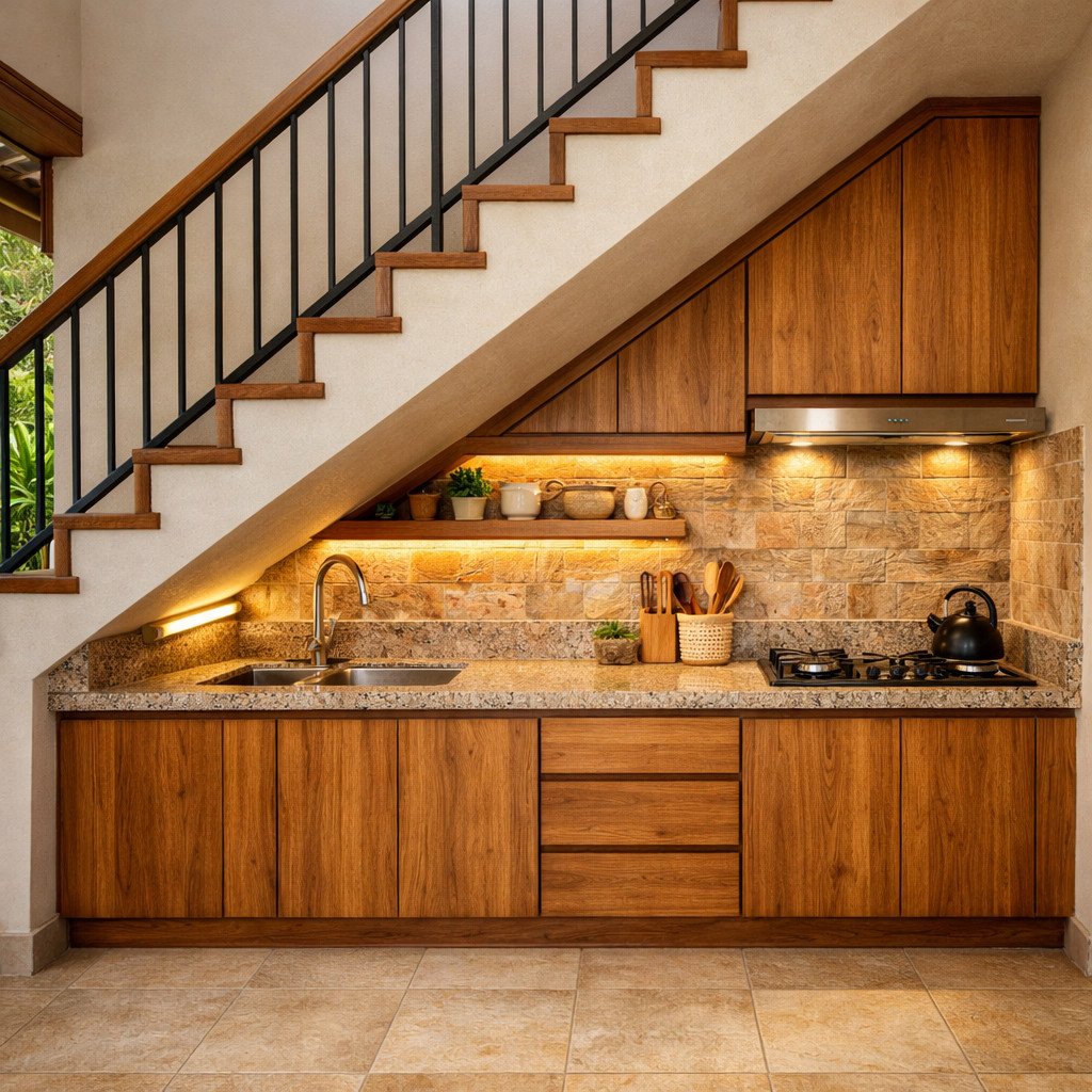 Dapur bawah tangga bernuansa tropical natural yang hangat dan alami
