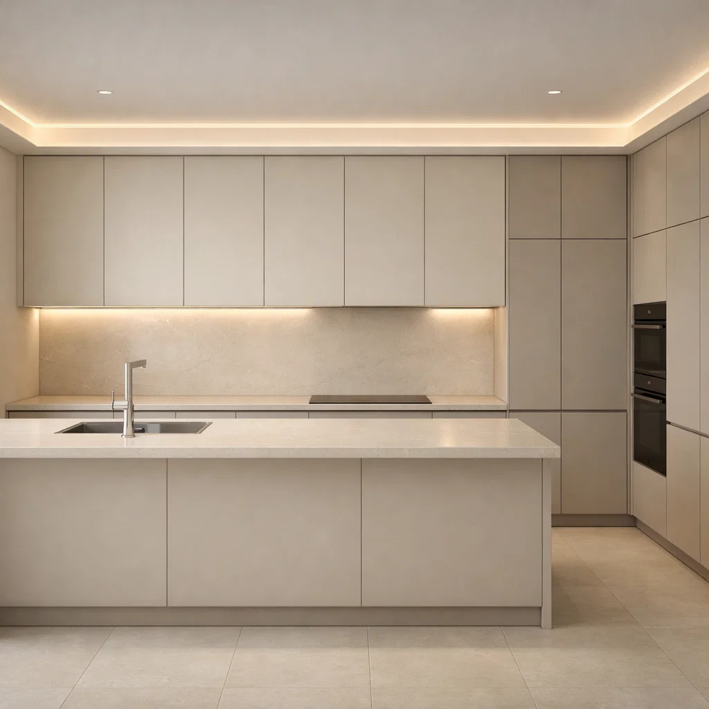 Dapur bergaya quiet luxury ini mengutamakan kesederhanaan yang presisi—warna netral, material premium, dan desain seamless menciptakan kesan elegan tanpa terlihat berlebihan
