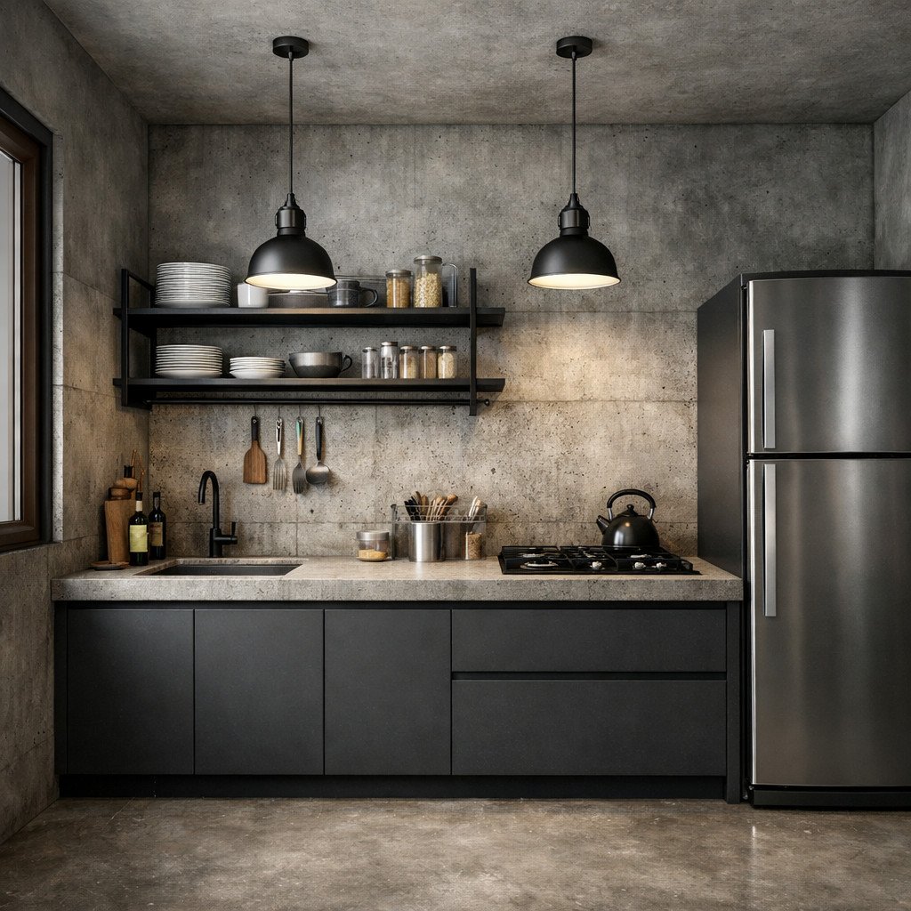 Dapur industrial beton dengan karakter kuat dan tampilan autentik