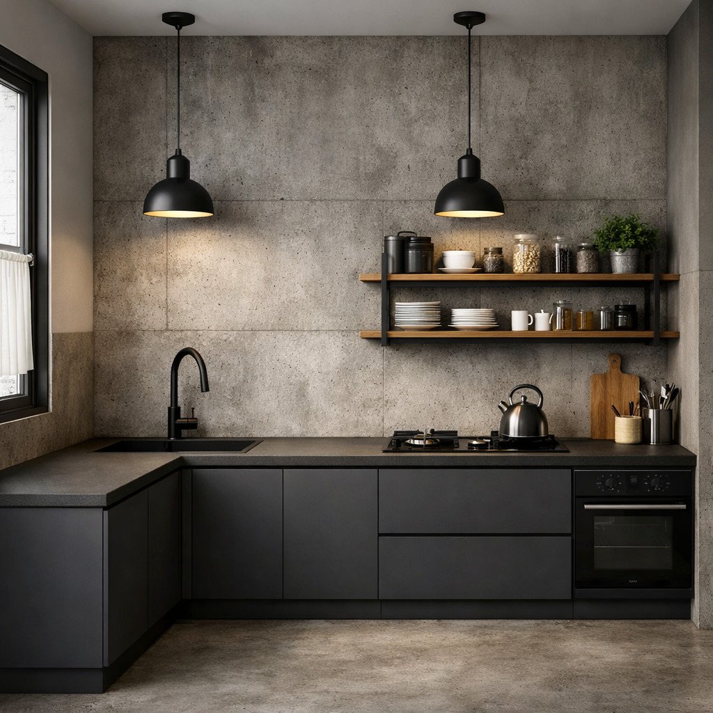 Dapur industrial beton ekspos yang tegas namun tetap minimalis