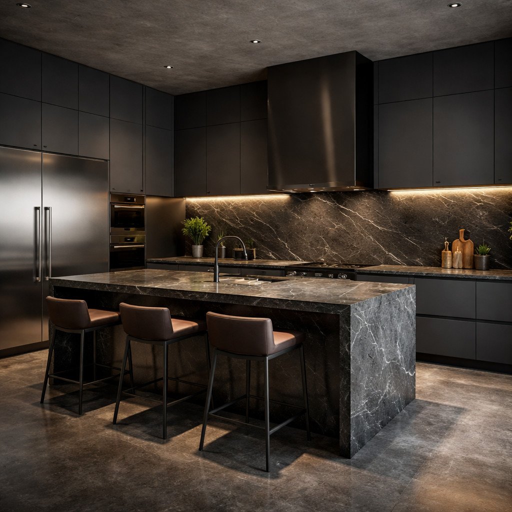 Dapur industrial elegan dengan material premium dan pencahayaan dramatis