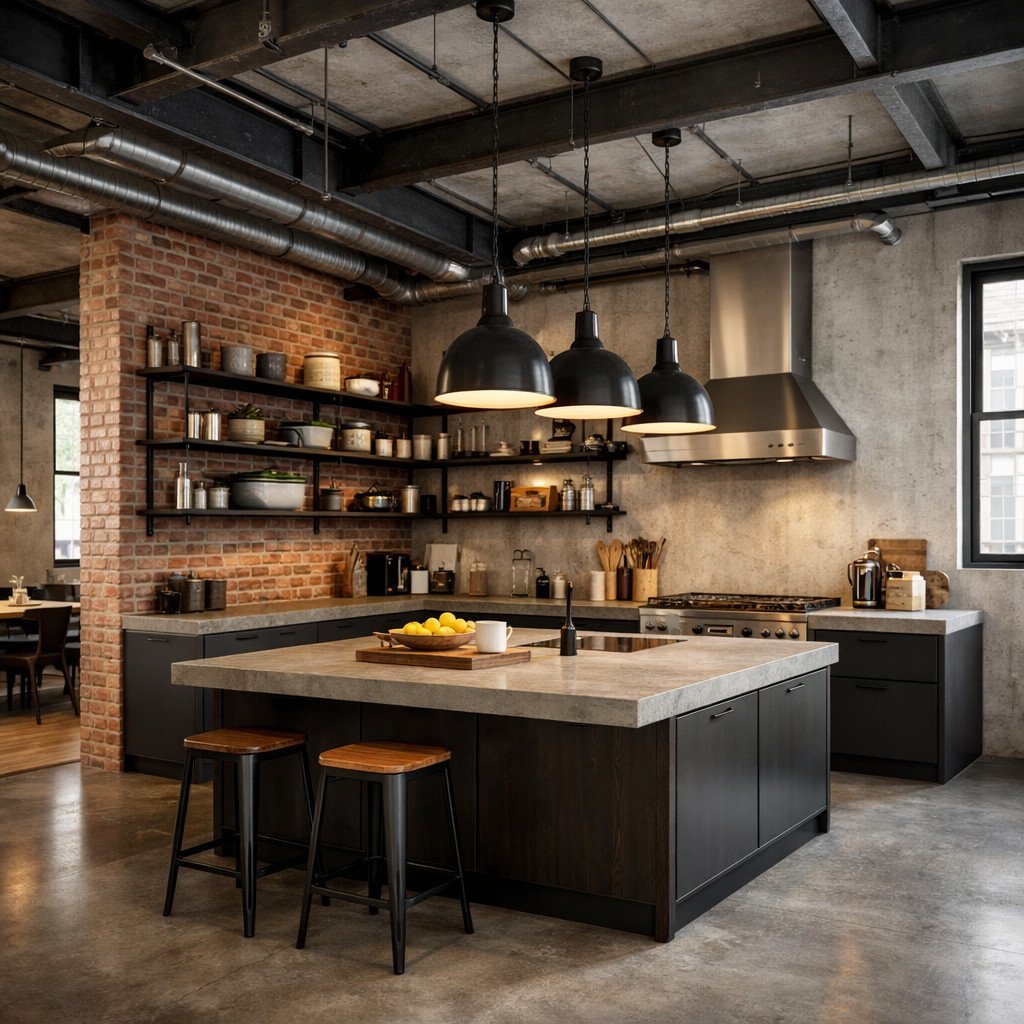 Dapur industrial loft dengan rak metal terbuka dan nuansa pabrik modern