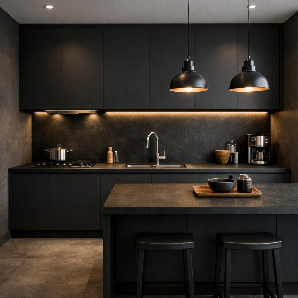 Dapur industrial matte yang minimalis, rapi, dan terasa elegan
