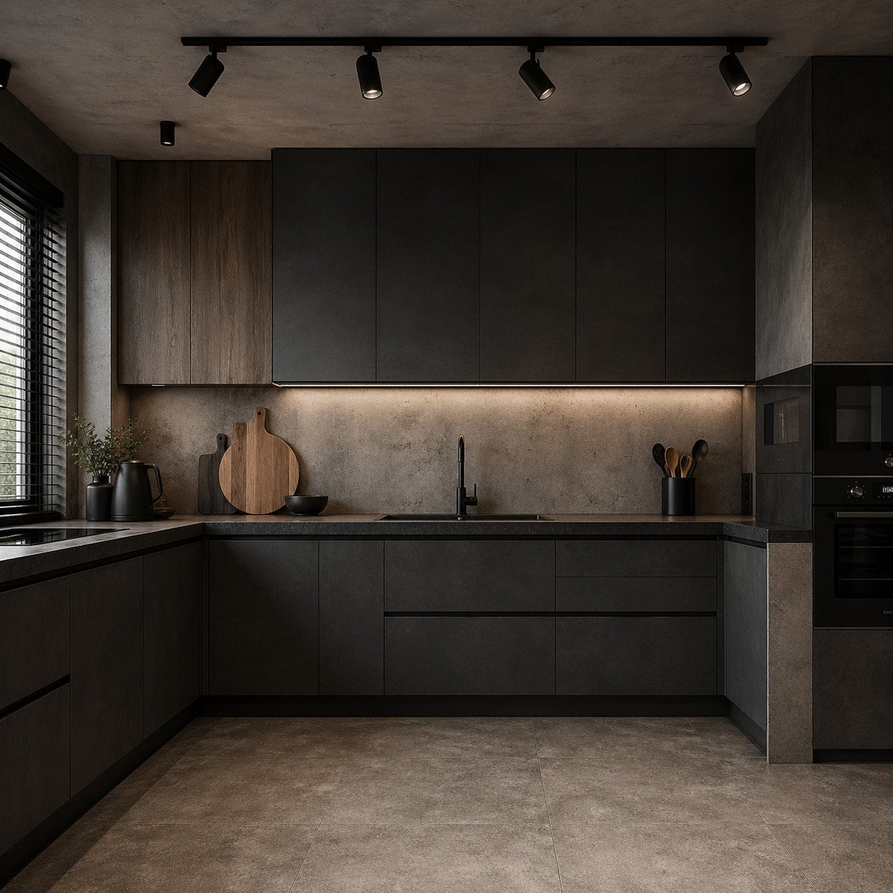 Dapur industrial minimal dengan nuansa gelap dan tekstur beton ini memberikan karakter tegas dan modern—cocok untuk kamu yang ingin tampilan dapur lebih berani, maskulin, dan tetap fungsional
