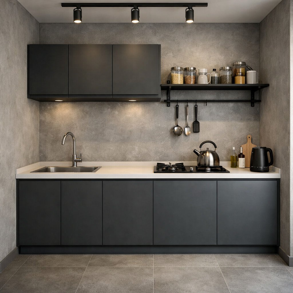 Dapur industrial minimalis 2 meter yang rapi dan efisien untuk rumah kecil