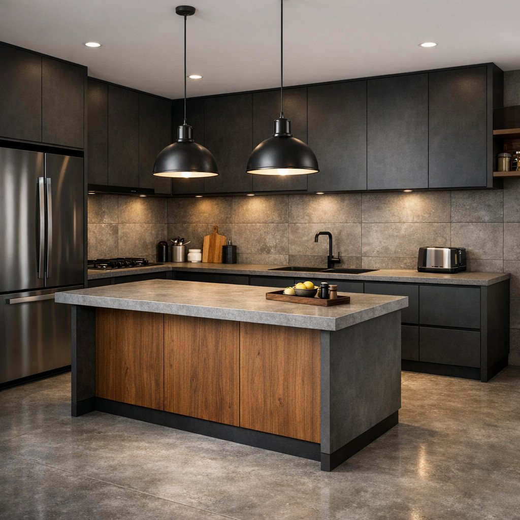 Dapur industrial minimalis dengan island modern sebagai pusat aktivitas