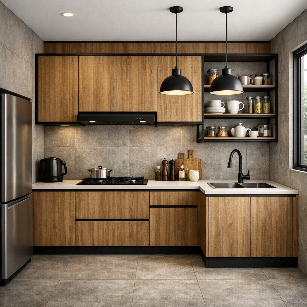 Dapur industrial minimalis dengan sentuhan kayu yang terasa hangat