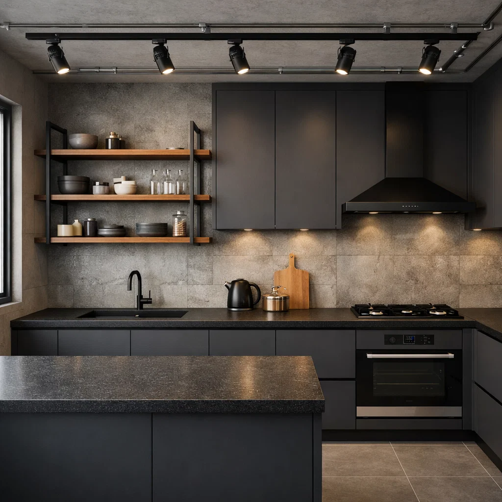 Dapur industrial modern dengan dominasi warna gelap dan material ekspos menciptakan kesan tegas dan berkarakter—pilihan tepat untuk tampilan maskulin yang simpel namun tetap elegan