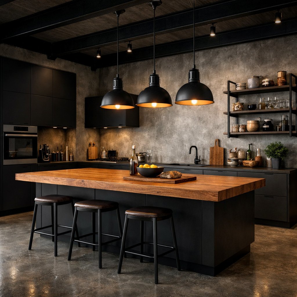Dapur industrial modern dengan kabinet matte hitam, backsplash beton, rak besi terbuka, dan countertop kayu tebal yang menciptakan suasana dapur berkarakter kuat namun tetap elegan