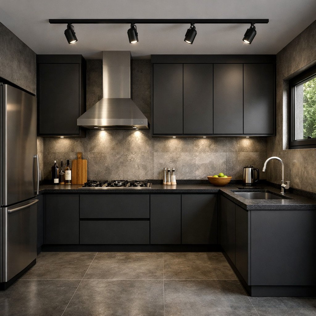 Dapur industrial modern yang bersih, tegas, dan tetap berkarakter