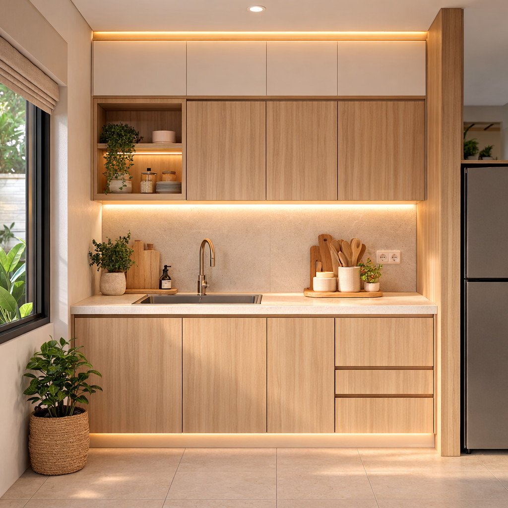 Dapur kecil Japandi yang rapi dan terasa hangat