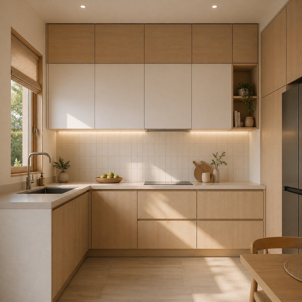 Dapur kecil bergaya Japandi ini menggabungkan kehangatan kayu dan kesederhanaan desain, menciptakan ruang yang rapi, tenang, dan tetap terasa luas meski ukuran terbatas