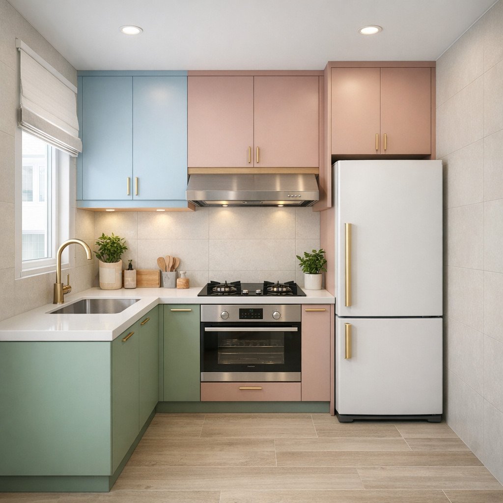 Dapur kecil dengan model kitchen set Scandinavian Soft Pastel yang cerah dan ringan