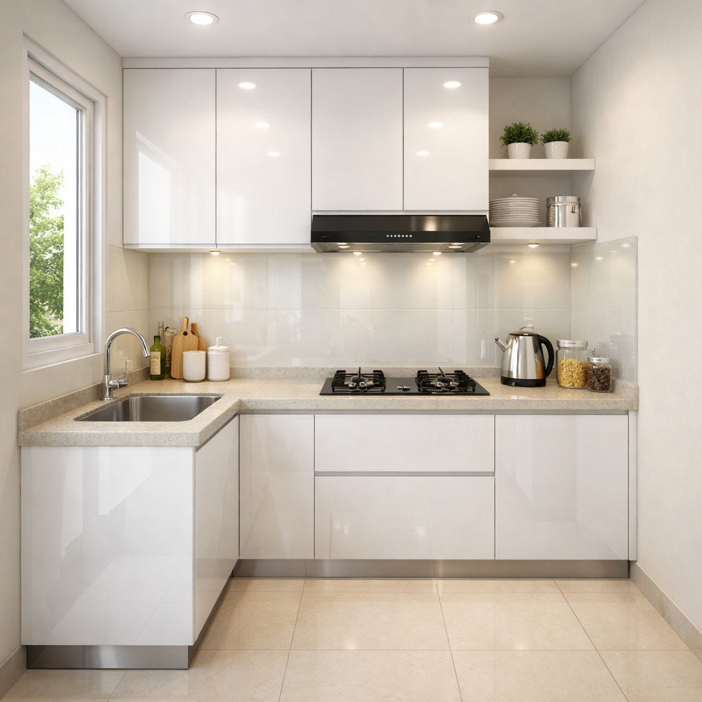 Dapur kecil glossy yang rapi dan terasa lebih luas