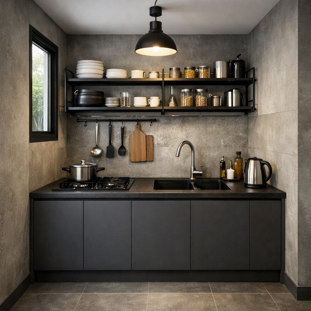 Dapur kecil industrial yang rapi dengan karakter material yang kuat