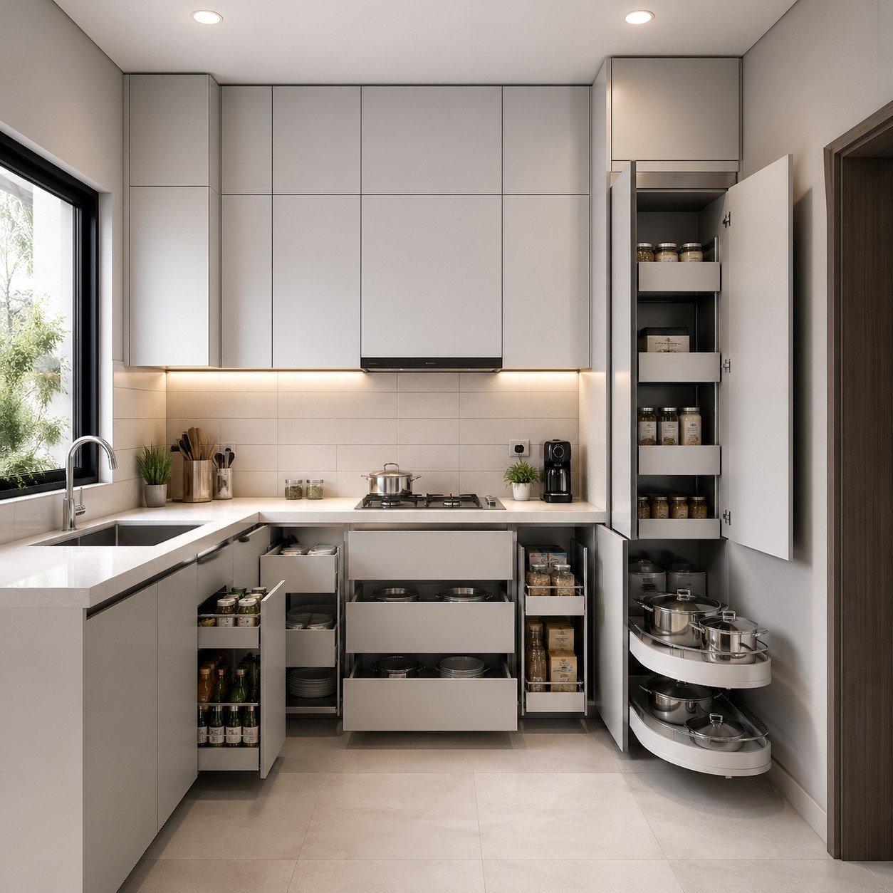 Dapur kecil jadi lebih maksimal dengan sistem storage pintar—setiap sudut dimanfaatkan tanpa mengorbankan tampilan minimalis yang rapi dan modern