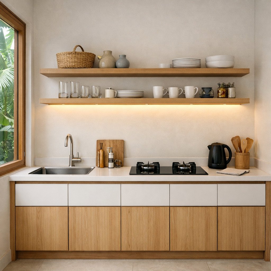 Dapur kecil minimalis dengan layout linear yang rapi menggunakan kabinet kayu terang dan pencahayaan hangat sehingga ruang sempit terasa lebih lega dan nyaman digunakan