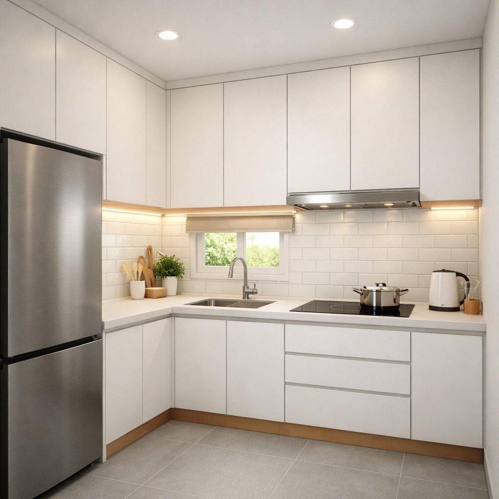 Dapur kecil rapi bergaya Scandinavian yang terang dan fungsional