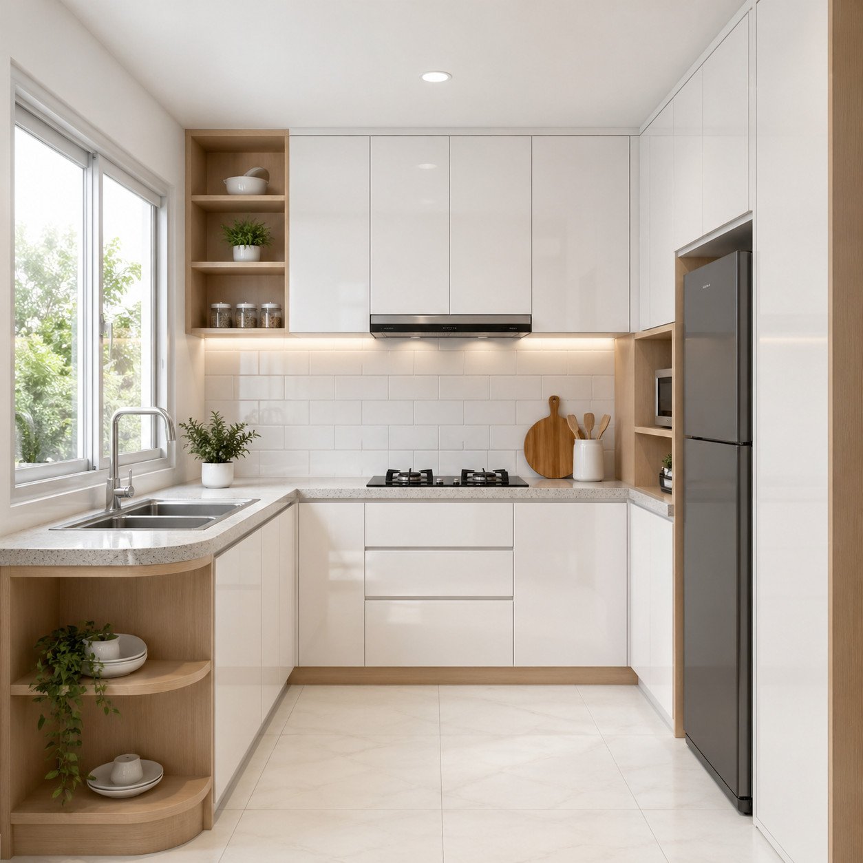 Dapur kecil tetap bisa terlihat luas dan cantik dengan konsep Scandinavian terang—perpaduan putih, cahaya alami, dan aksen kayu membuat ruang terasa lega dan nyaman