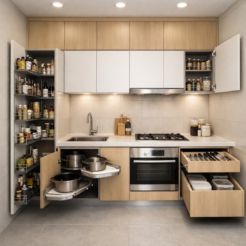 Dapur kecil tetap rapi berkat sistem penyimpanan pintar dan maksimal