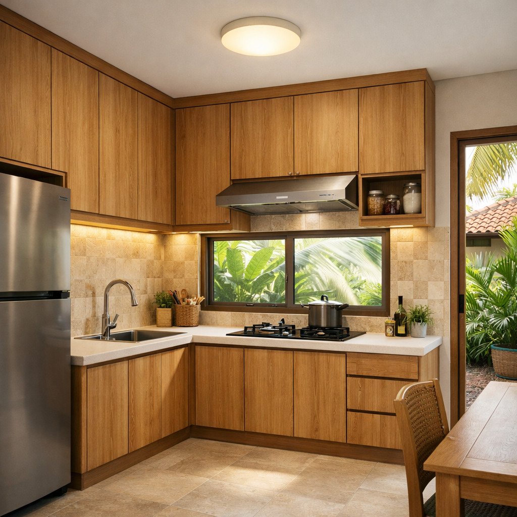 Dapur kecil tropis yang rapi, hangat, dan terasa lebih sejuk