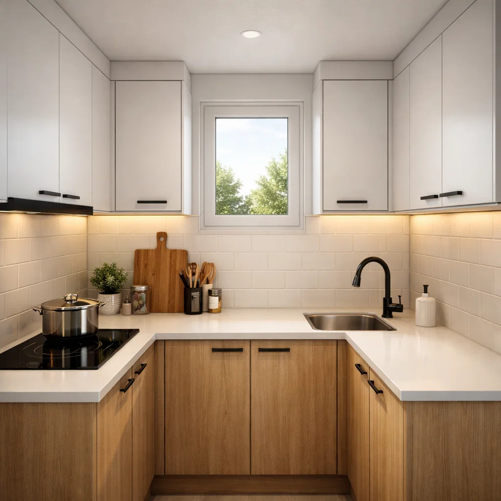 Dapur leter U ukuran 2x2 dengan kabinet rapi dan pencahayaan hangat yang membuat ruang kecil terasa terang dan proporsional