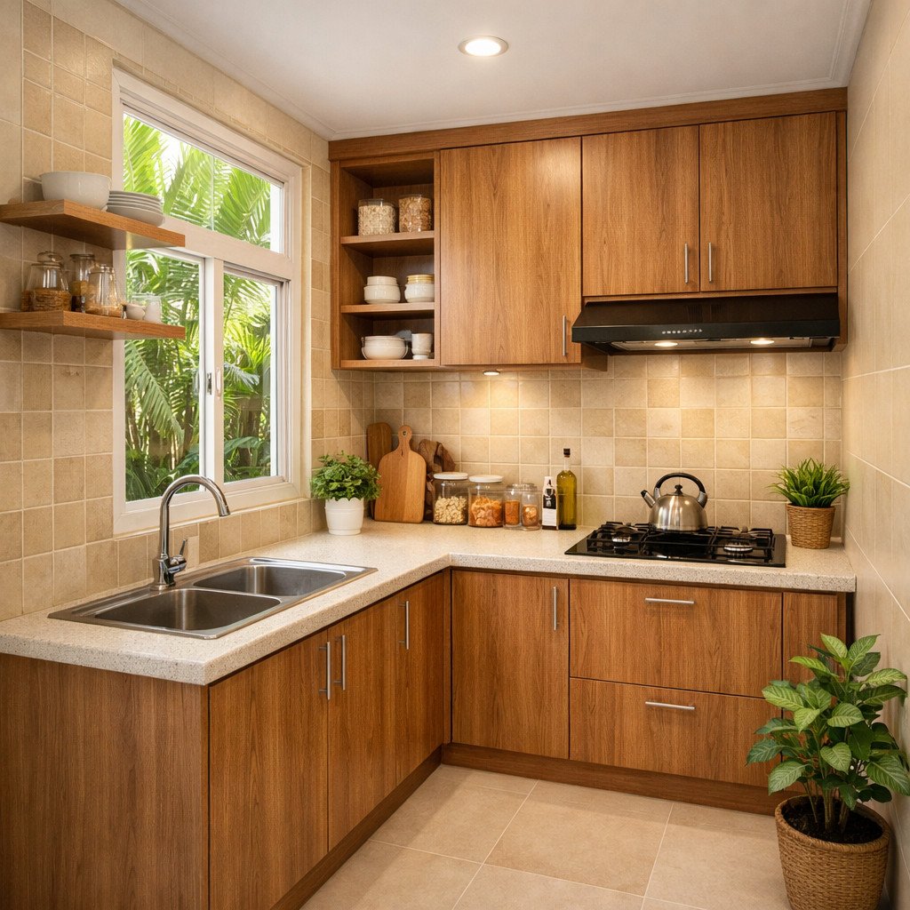 Dapur minimalis 2x3 bentuk L bernuansa tropis yang sejuk dan rapi