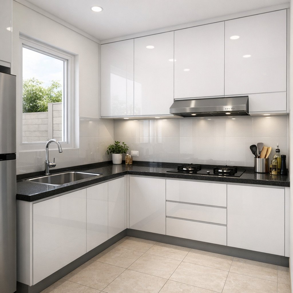 Dapur minimalis 2x3 bentuk L dengan finishing glossy modern yang elegan