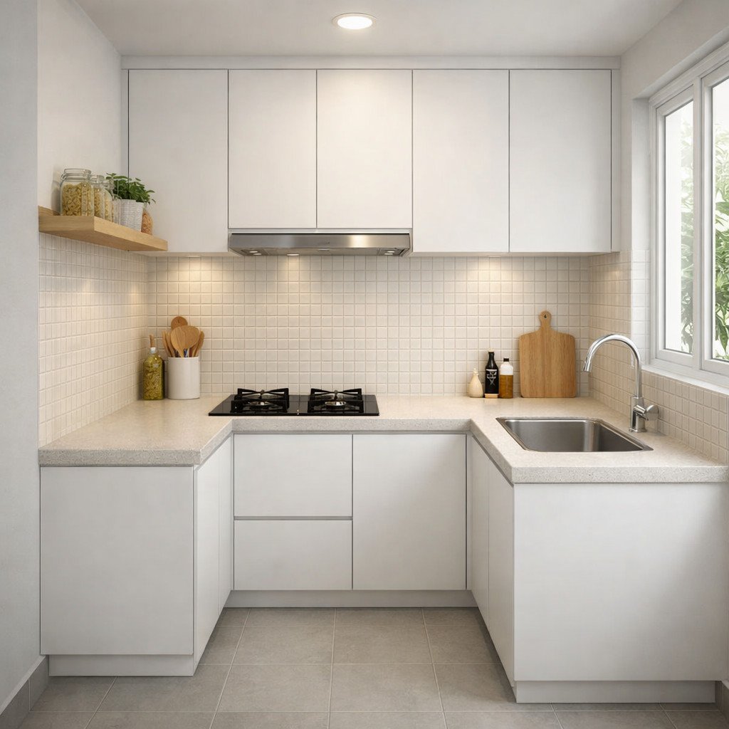 Dapur minimalis 2x3 bentuk L yang terang dan terasa lebih luas