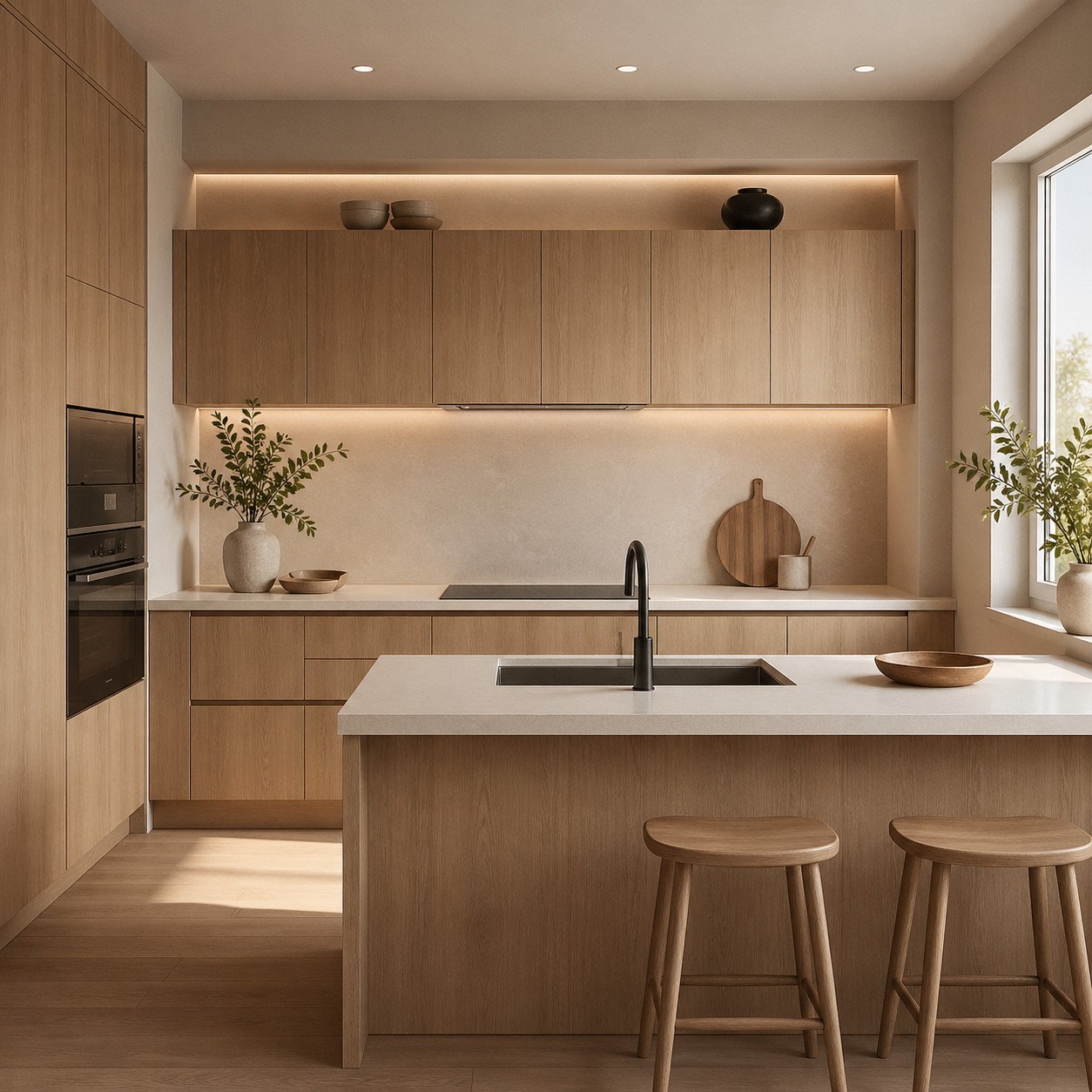 Dapur minimalis Japandi menghadirkan suasana tenang dengan perpaduan warna natural dan desain yang rapi, cocok untuk kamu yang ingin ruang sederhana terasa hangat dan nyaman tanpa banyak distraksi visual