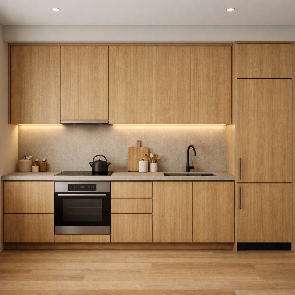 Dapur minimalis Japandi yang tenang, hangat, dan sederhana