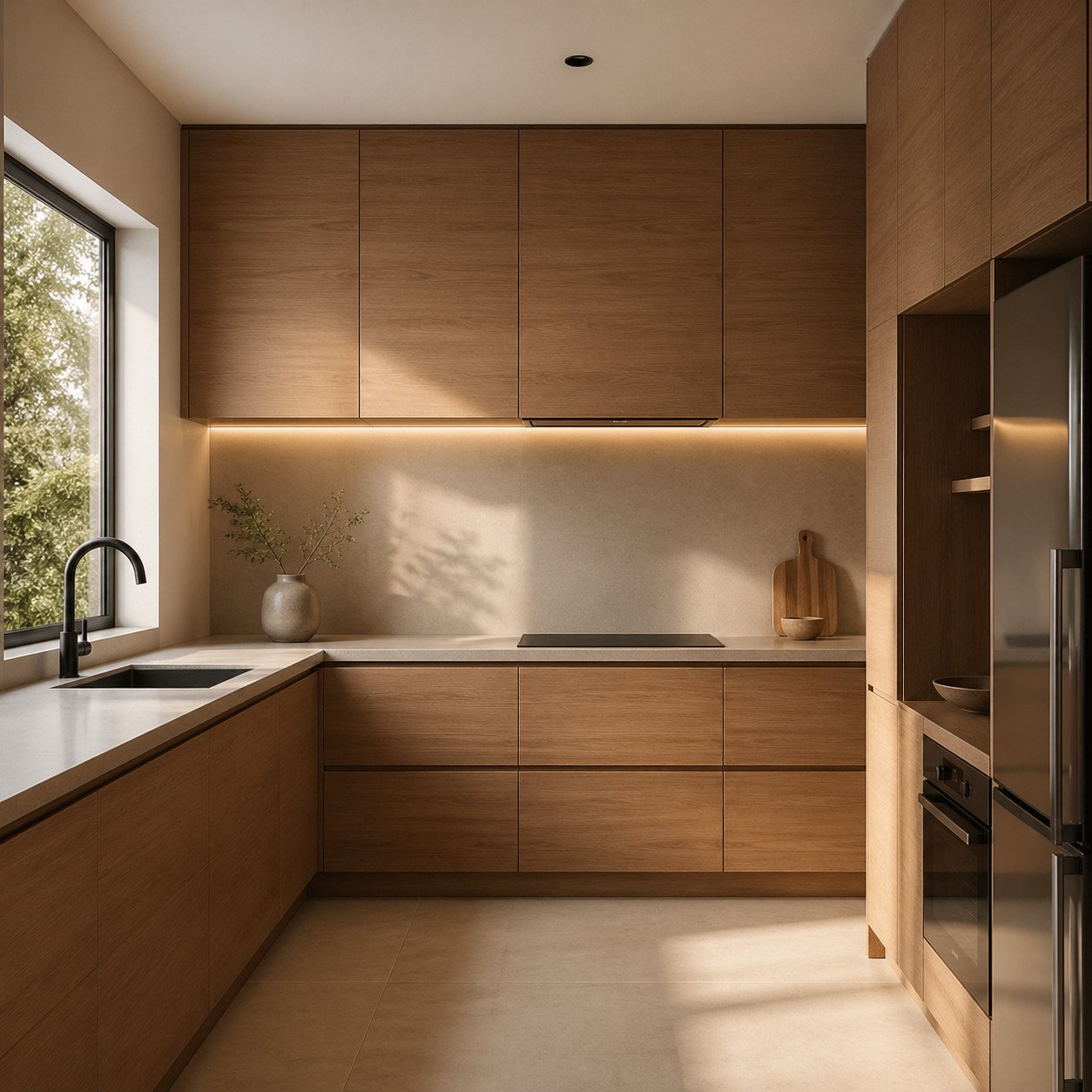 Dapur minimalis Japandi dengan dominasi kayu dan warna earthy menghadirkan suasana tenang, hangat, dan rapi—cocok untuk kamu yang ingin ruang dapur terasa lebih adem dan tidak berisik secara visual