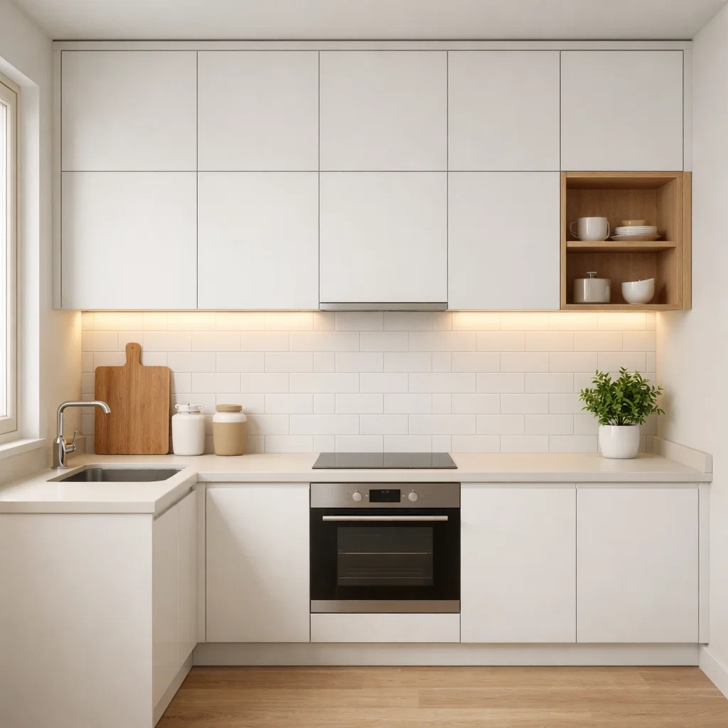 Dapur minimalis Scandinavian dengan dominasi warna putih dan aksen kayu terang ini memberikan kesan bersih, hangat, dan luas—solusi ideal untuk ruang terbatas dengan tampilan modern yang tetap nyaman
