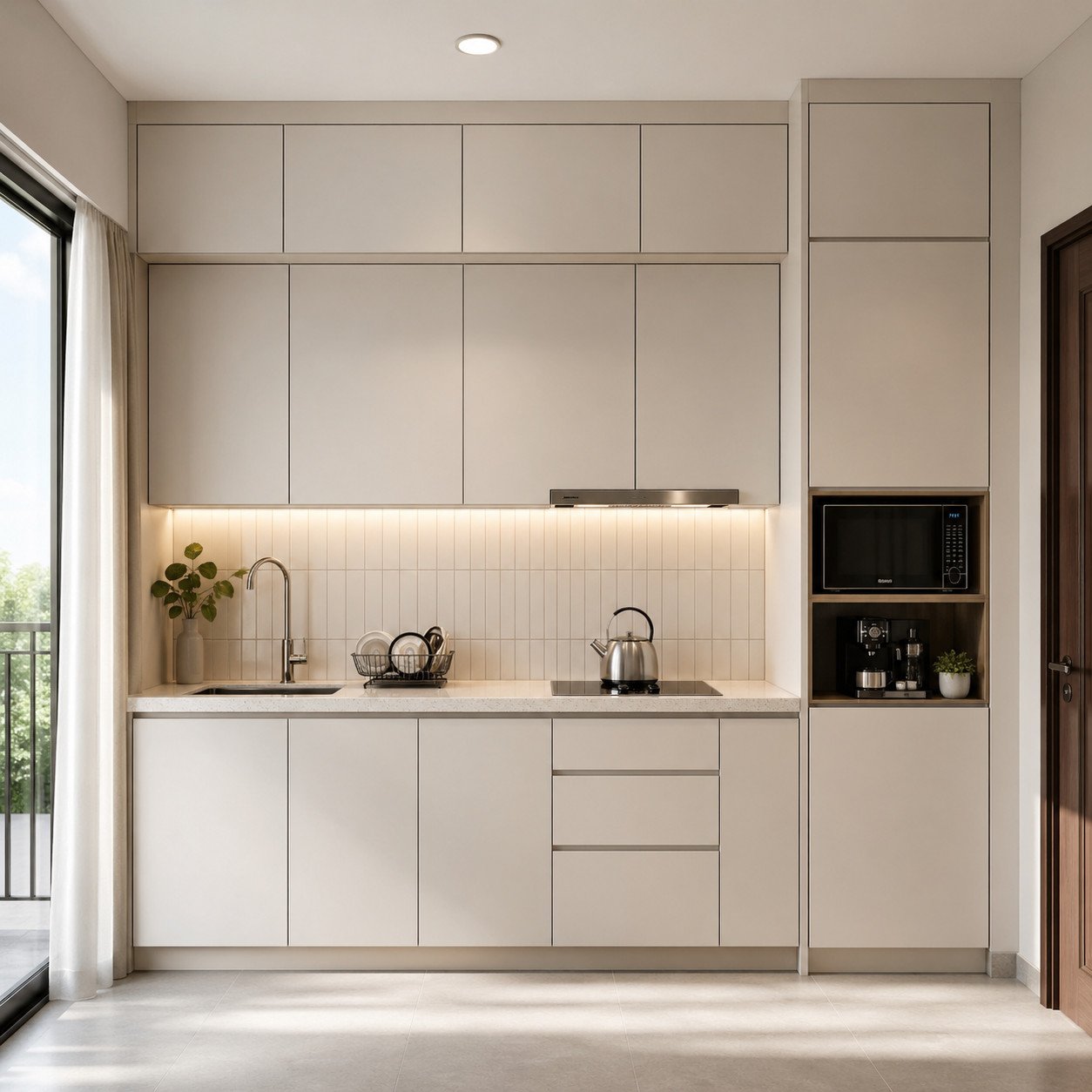 Dapur minimalis apartemen dengan desain satu garis dan kabinet full tinggi ini memaksimalkan setiap ruang, memberikan fungsi lengkap tanpa membuat area terasa sempit