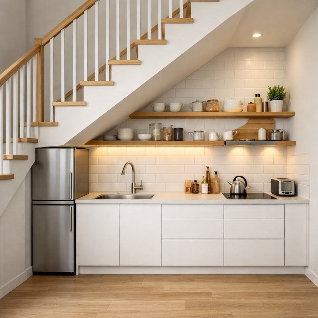 Dapur minimalis bawah tangga yang terang dan fungsional ala Skandinavia