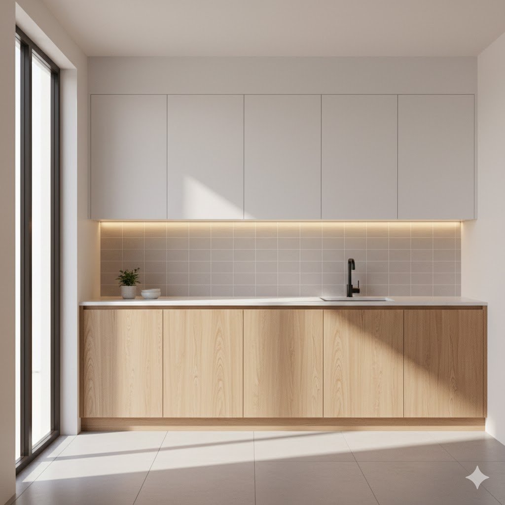 Dapur minimalis dengan dinding putih hangat dan kombinasi kabinet kayu natural yang menciptakan suasana bersih dan nyaman untuk aktivitas harian