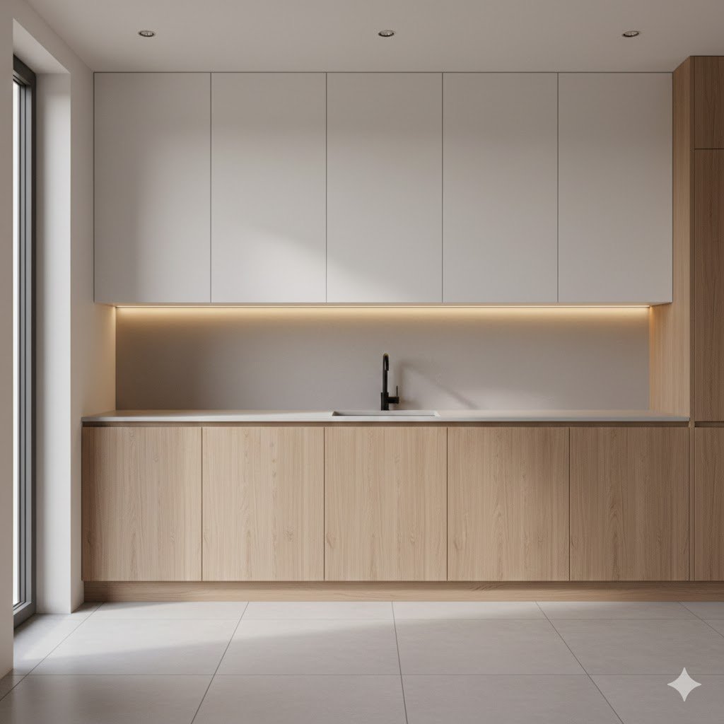 Dapur minimalis dengan kombinasi putih hangat dan aksen kayu natural yang menciptakan suasana bersih, nyaman, dan modern dalam ruang yang ringkas