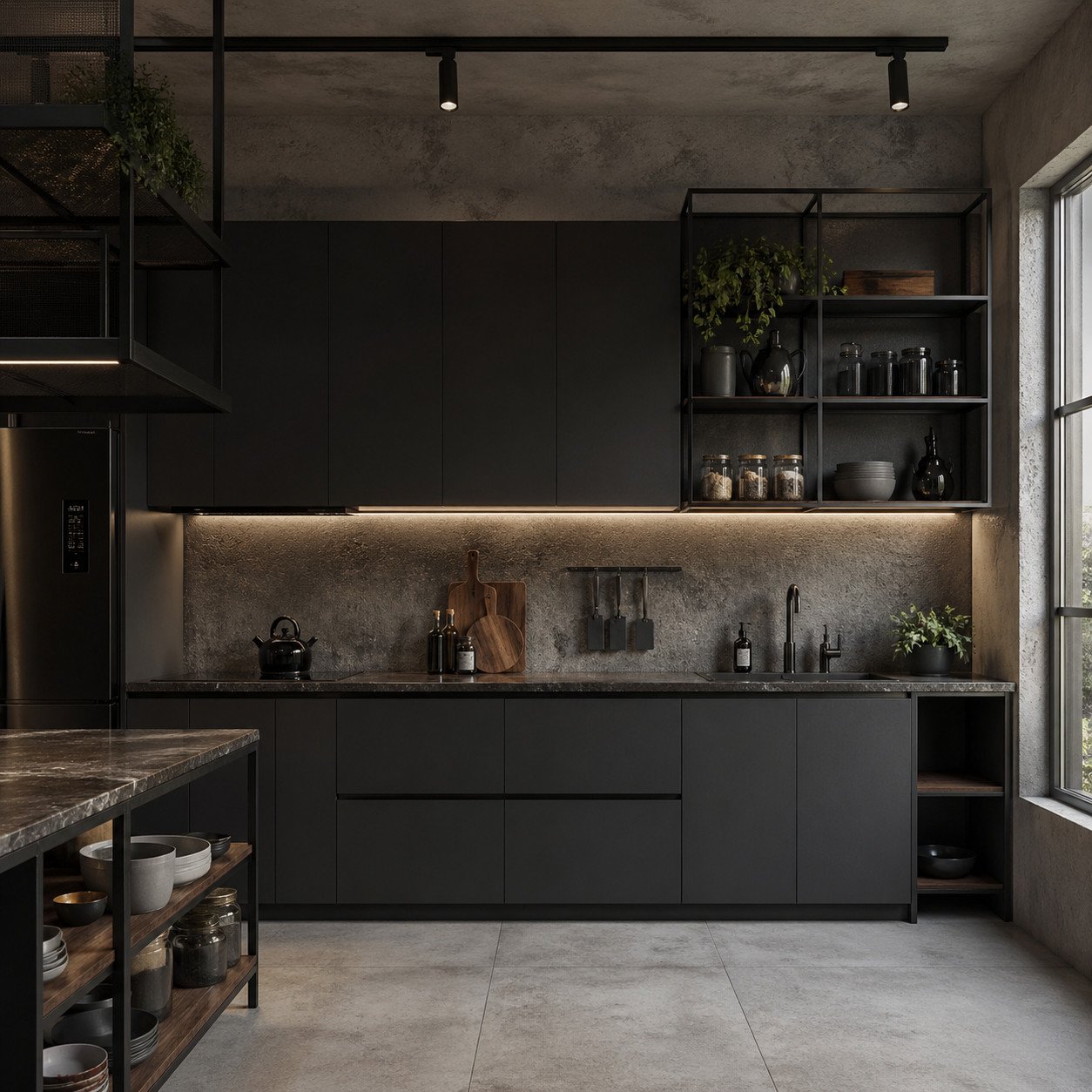 Dapur minimalis industrial dengan tone gelap dan material ekspos ini menghadirkan kesan tegas, modern, dan berkarakter—cocok untuk kamu yang ingin tampilan dapur yang lebih bold dan maskulin
