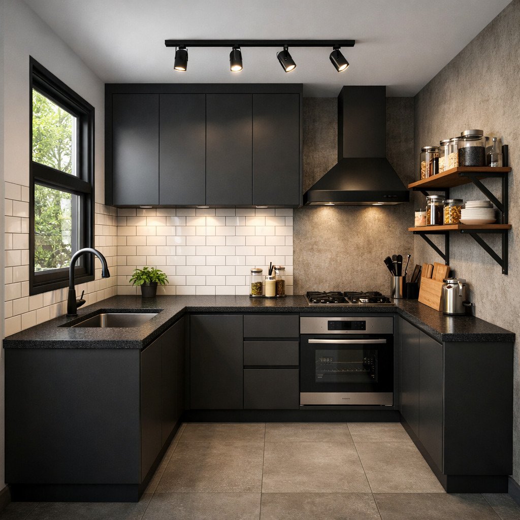 Dapur minimalis industrial kecil yang bold namun tetap rapi dan fungsional